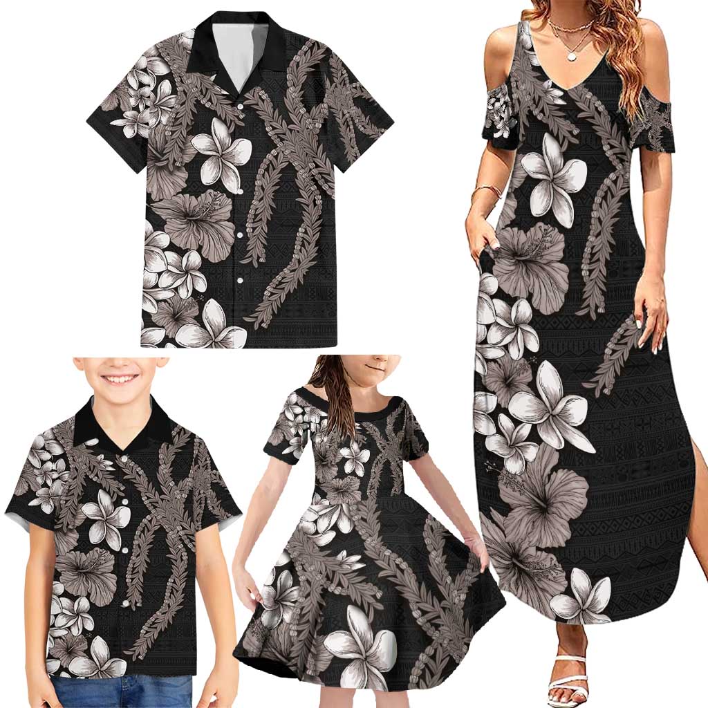 Hawaiian Tropical Flowers and Maile Pikake Family Matching Summer Maxi Dress and Hawaiian Shirt Polynesian Tribal Pattern Grayscale Mode LT03 - Polynesian Pride