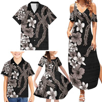 Hawaiian Tropical Flowers and Maile Pikake Family Matching Summer Maxi Dress and Hawaiian Shirt Polynesian Tribal Pattern Grayscale Mode LT03 - Polynesian Pride
