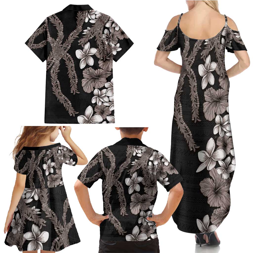 Hawaiian Tropical Flowers and Maile Pikake Family Matching Summer Maxi Dress and Hawaiian Shirt Polynesian Tribal Pattern Grayscale Mode LT03 - Polynesian Pride