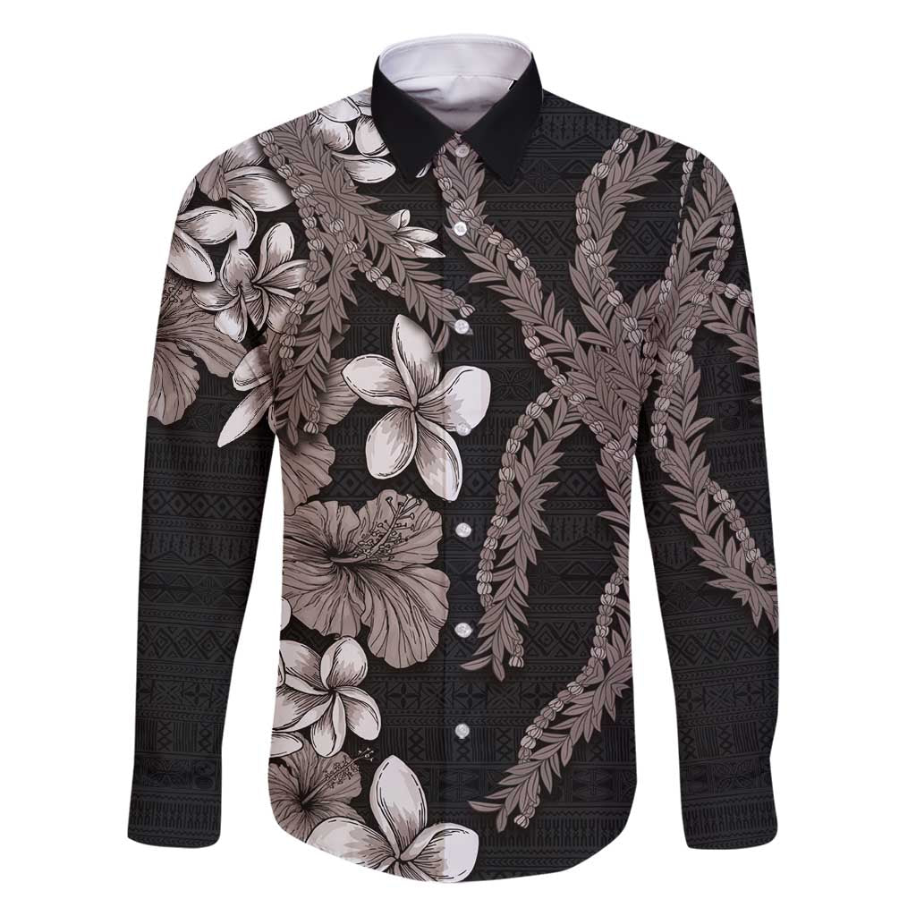 Hawaiian Tropical Flowers and Maile Pikake Family Matching Summer Maxi Dress and Hawaiian Shirt Polynesian Tribal Pattern Grayscale Mode LT03 Dad's Shirt - Long Sleeve Black - Polynesian Pride