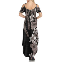 Hawaiian Tropical Flowers and Maile Pikake Family Matching Summer Maxi Dress and Hawaiian Shirt Polynesian Tribal Pattern Grayscale Mode LT03 - Polynesian Pride