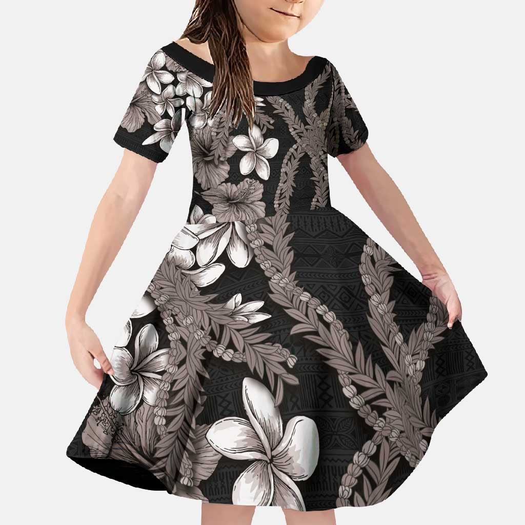 Hawaiian Tropical Flowers and Maile Pikake Family Matching Tank Maxi Dress and Hawaiian Shirt Polynesian Tribal Pattern Grayscale Mode LT03 Daughter's Dress Black - Polynesian Pride