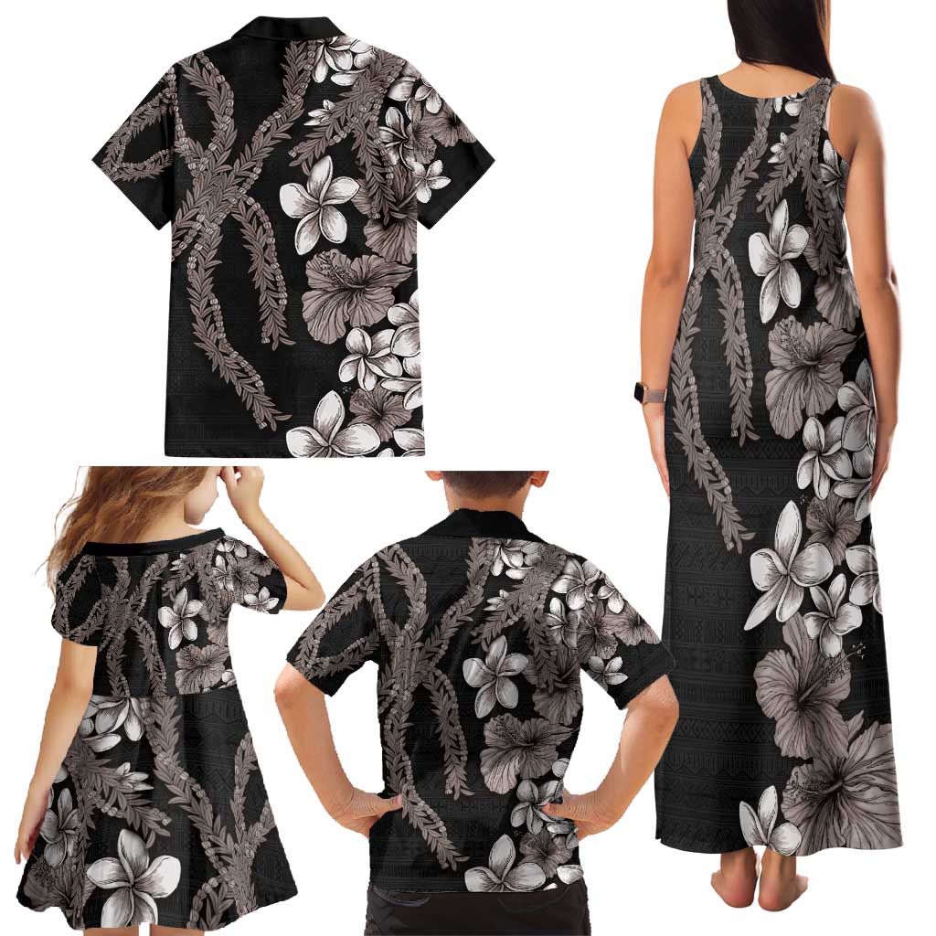 Hawaiian Tropical Flowers and Maile Pikake Family Matching Tank Maxi Dress and Hawaiian Shirt Polynesian Tribal Pattern Grayscale Mode LT03 - Polynesian Pride