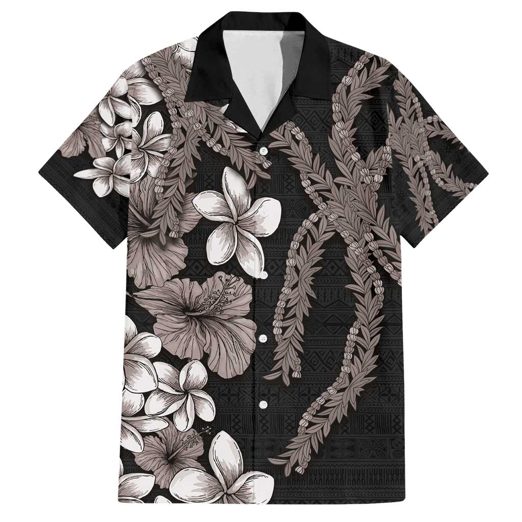 Hawaiian Tropical Flowers and Maile Pikake Family Matching Tank Maxi Dress and Hawaiian Shirt Polynesian Tribal Pattern Grayscale Mode LT03 Dad's Shirt - Short Sleeve Black - Polynesian Pride