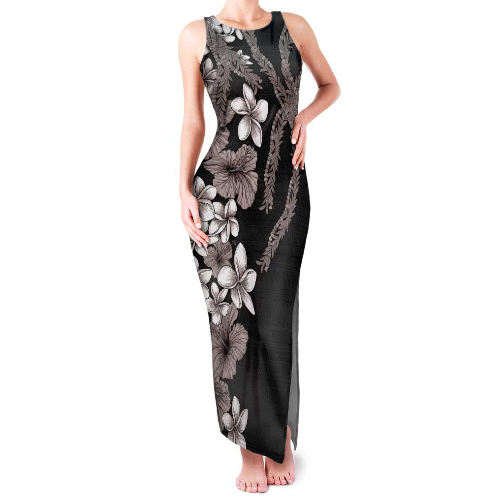 Hawaiian Tropical Flowers and Maile Pikake Family Matching Tank Maxi Dress and Hawaiian Shirt Polynesian Tribal Pattern Grayscale Mode LT03 Mom's Dress Black - Polynesian Pride