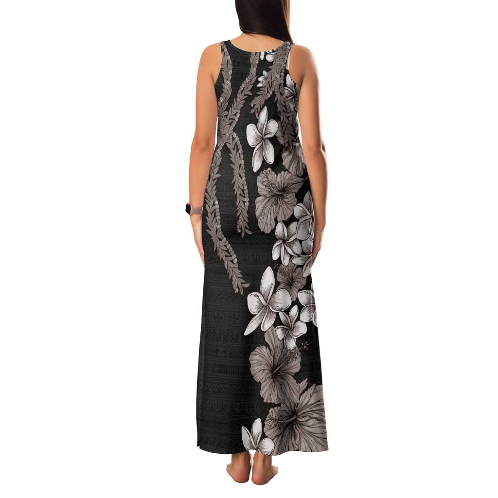 Hawaiian Tropical Flowers and Maile Pikake Family Matching Tank Maxi Dress and Hawaiian Shirt Polynesian Tribal Pattern Grayscale Mode LT03 - Polynesian Pride
