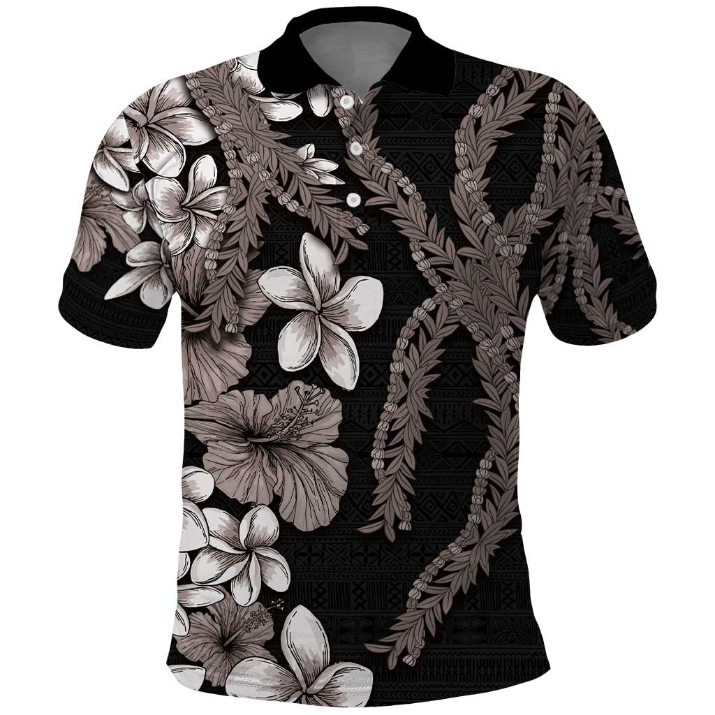 Hawaiian Tropical Flowers and Maile Pikake Polo Shirt Polynesian Tribal Pattern Grayscale Mode LT03 Black - Polynesian Pride