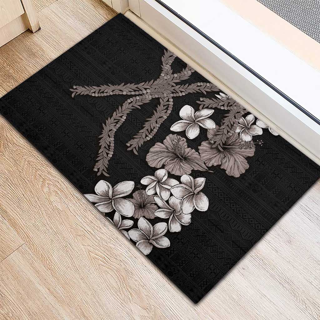 Hawaiian Tropical Flowers and Maile Pikake Rubber Doormat Polynesian Tribal Pattern Grayscale Mode