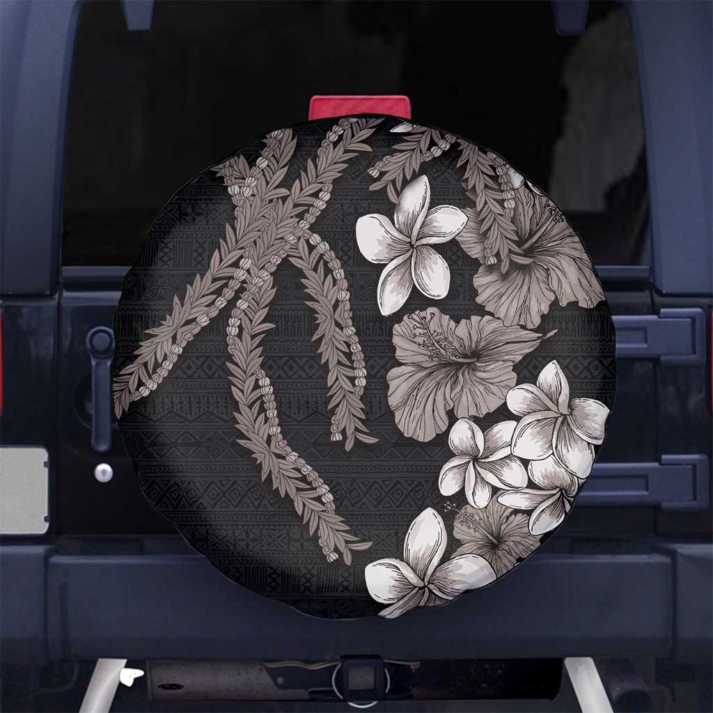 Hawaiian Tropical Flowers and Maile Pikake Spare Tire Cover Polynesian Tribal Pattern Grayscale Mode
