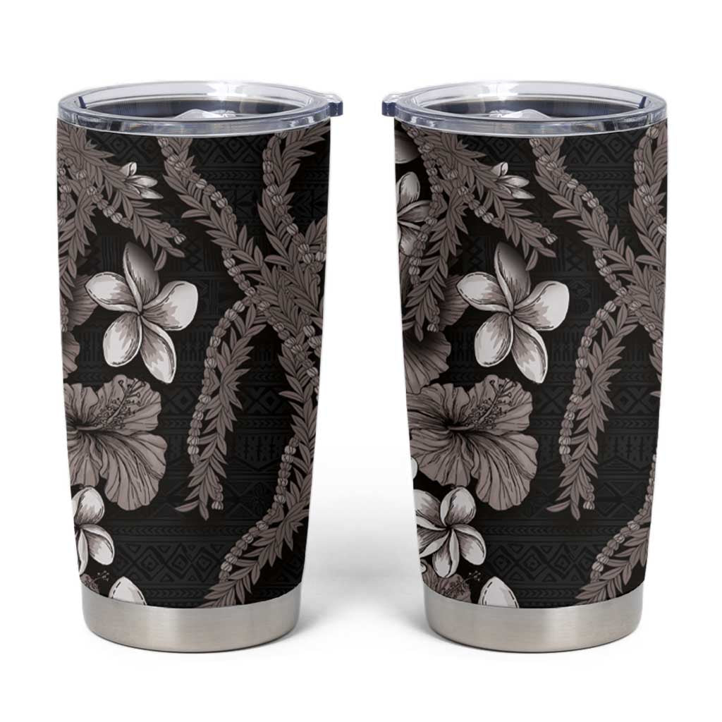 Hawaiian Tropical Flowers and Maile Pikake Tumbler Cup Polynesian Tribal Pattern Grayscale Mode LT03 Black - Polynesian Pride