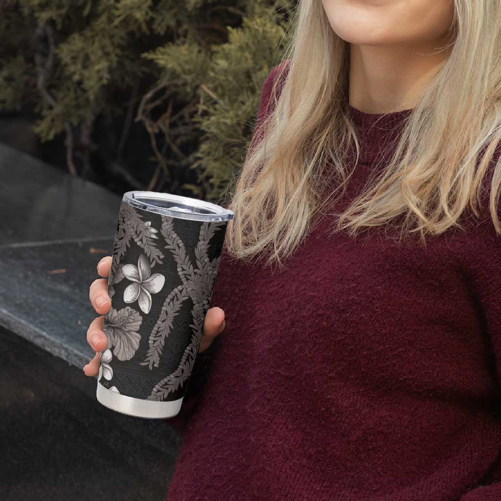 Hawaiian Tropical Flowers and Maile Pikake Tumbler Cup Polynesian Tribal Pattern Grayscale Mode LT03 - Polynesian Pride