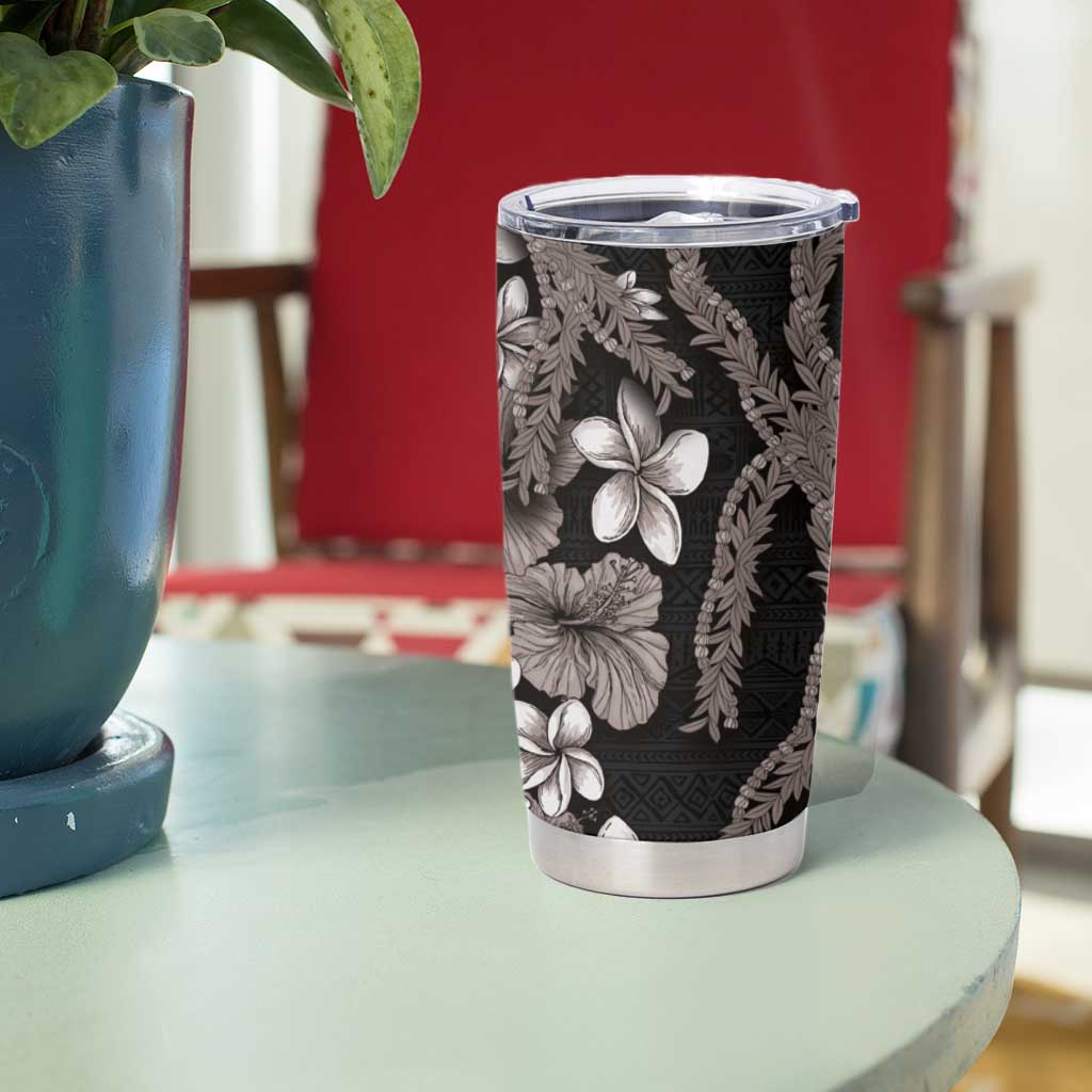 Hawaiian Tropical Flowers and Maile Pikake Tumbler Cup Polynesian Tribal Pattern Grayscale Mode LT03 - Polynesian Pride