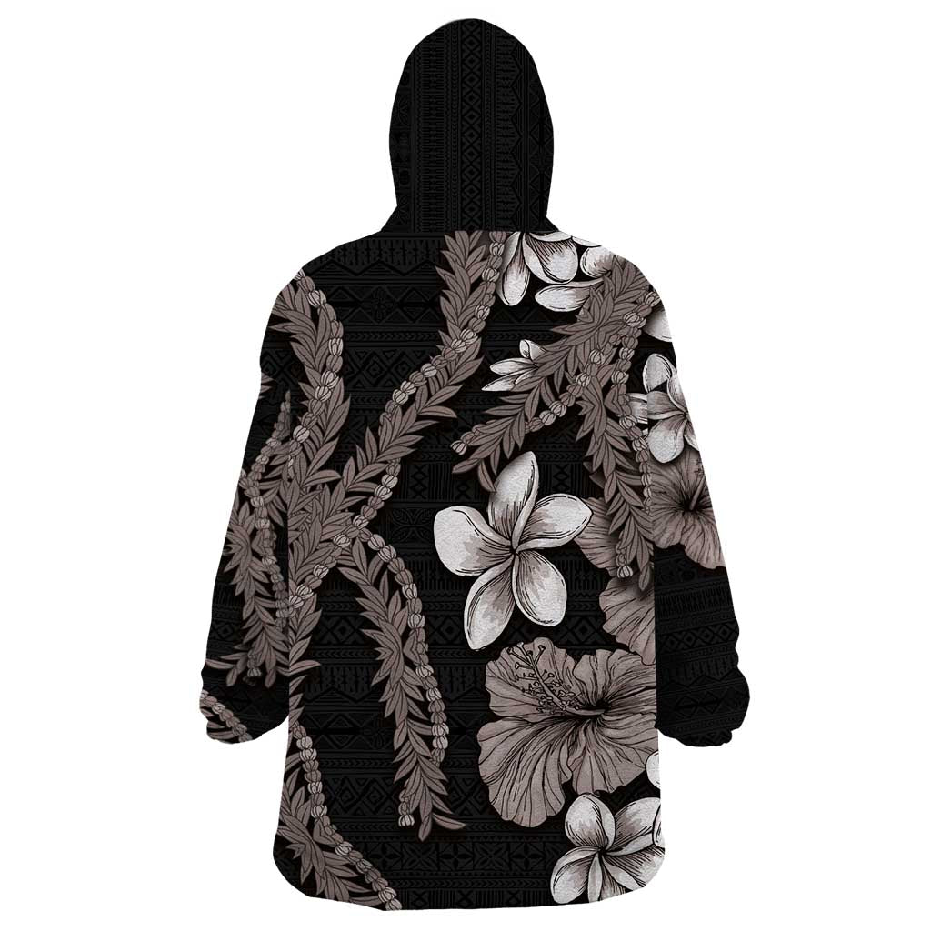 Hawaiian Tropical Flowers and Maile Pikake Wearable Blanket Hoodie Polynesian Tribal Pattern Grayscale Mode