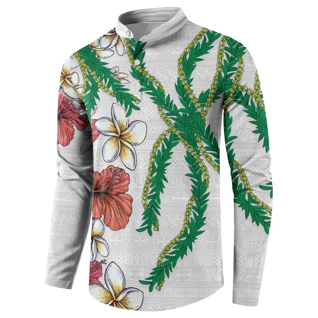 Hawaiian Tropical Flowers and Maile Pikake Button Sweatshirt Polynesian Tribal Pattern White Color