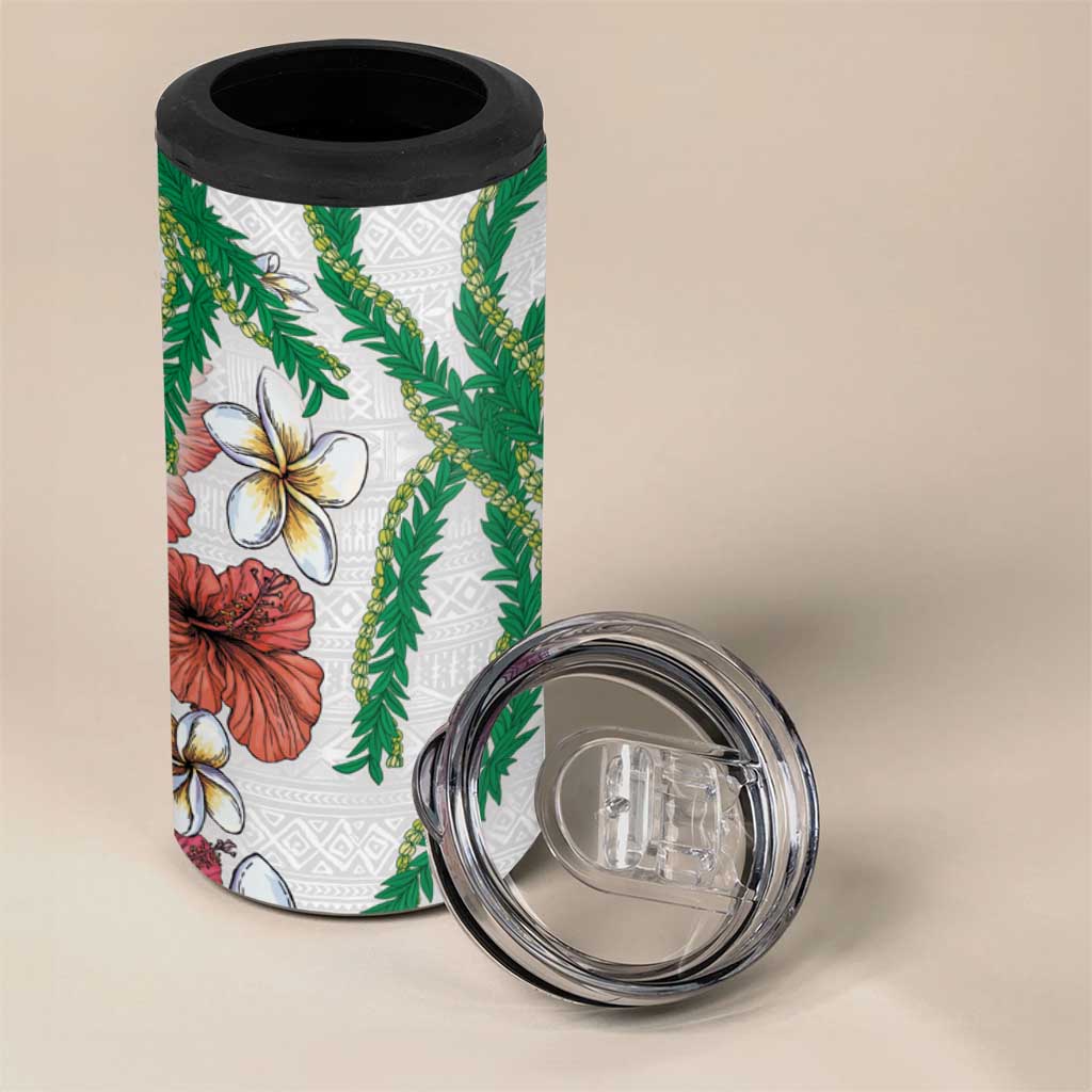 Hawaiian Tropical Flowers and Maile Pikake 4 in 1 Can Cooler Tumbler Polynesian Tribal Pattern White Color