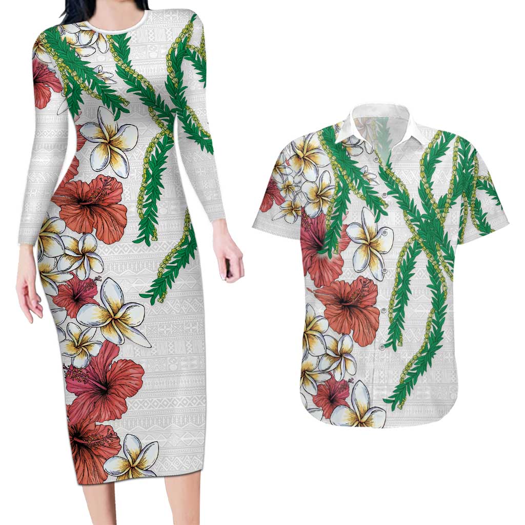 Hawaiian Tropical Flowers and Maile Pikake Couples Matching Long Sleeve Bodycon Dress and Hawaiian Shirt Polynesian Tribal Pattern White Color LT03 White - Polynesian Pride
