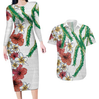 Hawaiian Tropical Flowers and Maile Pikake Couples Matching Long Sleeve Bodycon Dress and Hawaiian Shirt Polynesian Tribal Pattern White Color LT03 White - Polynesian Pride