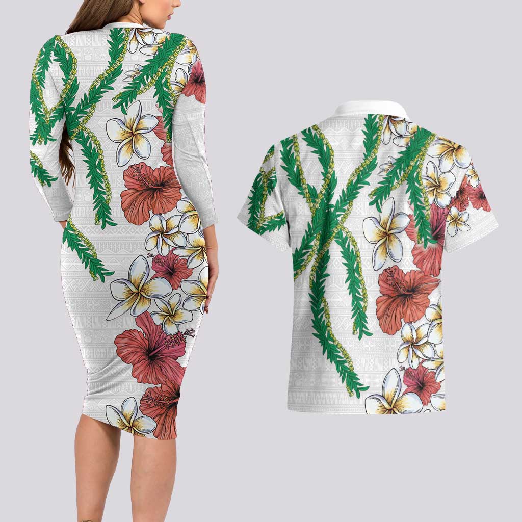 Hawaiian Tropical Flowers and Maile Pikake Couples Matching Long Sleeve Bodycon Dress and Hawaiian Shirt Polynesian Tribal Pattern White Color LT03 - Polynesian Pride