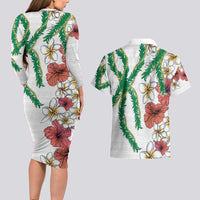 Hawaiian Tropical Flowers and Maile Pikake Couples Matching Long Sleeve Bodycon Dress and Hawaiian Shirt Polynesian Tribal Pattern White Color LT03 - Polynesian Pride