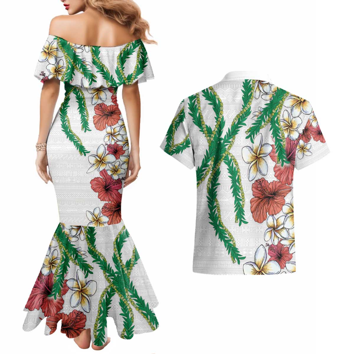 Hawaiian Tropical Flowers and Maile Pikake Couples Matching Mermaid Dress and Hawaiian Shirt Polynesian Tribal Pattern White Color LT03 - Polynesian Pride