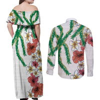 Hawaiian Tropical Flowers and Maile Pikake Couples Matching Off Shoulder Maxi Dress and Long Sleeve Button Shirt Polynesian Tribal Pattern White Color