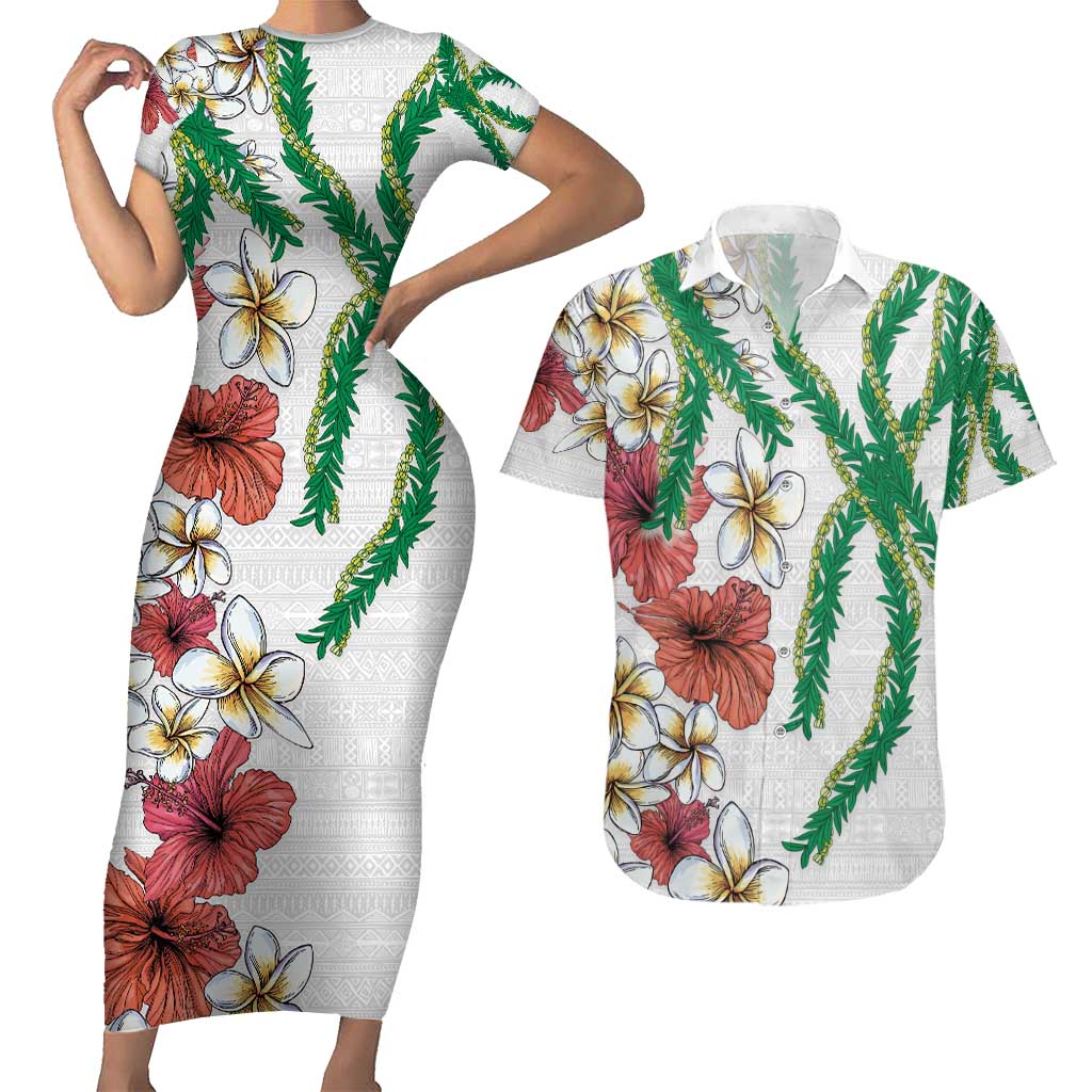 Hawaiian Tropical Flowers and Maile Pikake Couples Matching Short Sleeve Bodycon Dress and Hawaiian Shirt Polynesian Tribal Pattern White Color LT03 White - Polynesian Pride