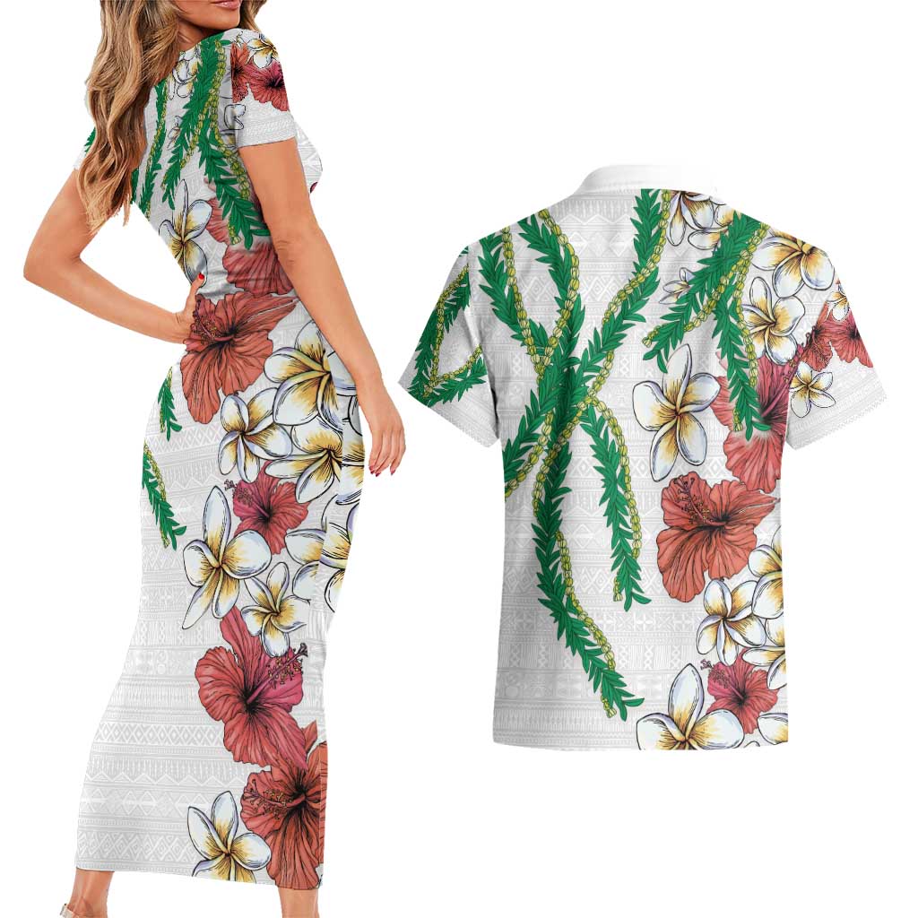 Hawaiian Tropical Flowers and Maile Pikake Couples Matching Short Sleeve Bodycon Dress and Hawaiian Shirt Polynesian Tribal Pattern White Color LT03 - Polynesian Pride