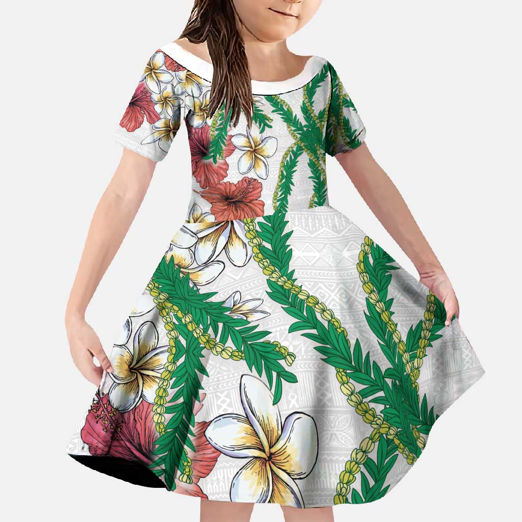 Hawaiian Tropical Flowers and Maile Pikake Family Matching Long Sleeve Bodycon Dress and Hawaiian Shirt Polynesian Tribal Pattern White Color LT03 Daughter's Dress White - Polynesian Pride