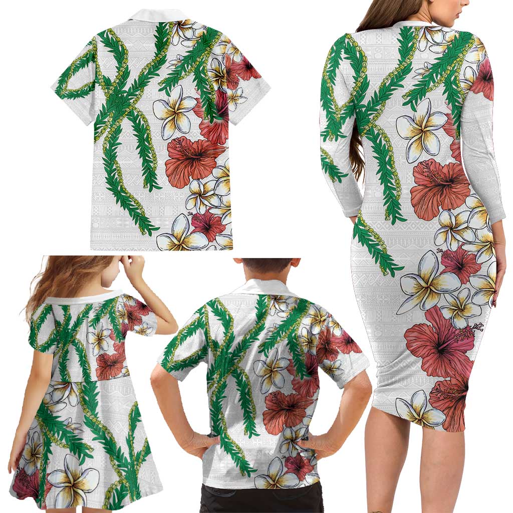 Hawaiian Tropical Flowers and Maile Pikake Family Matching Long Sleeve Bodycon Dress and Hawaiian Shirt Polynesian Tribal Pattern White Color LT03 - Polynesian Pride