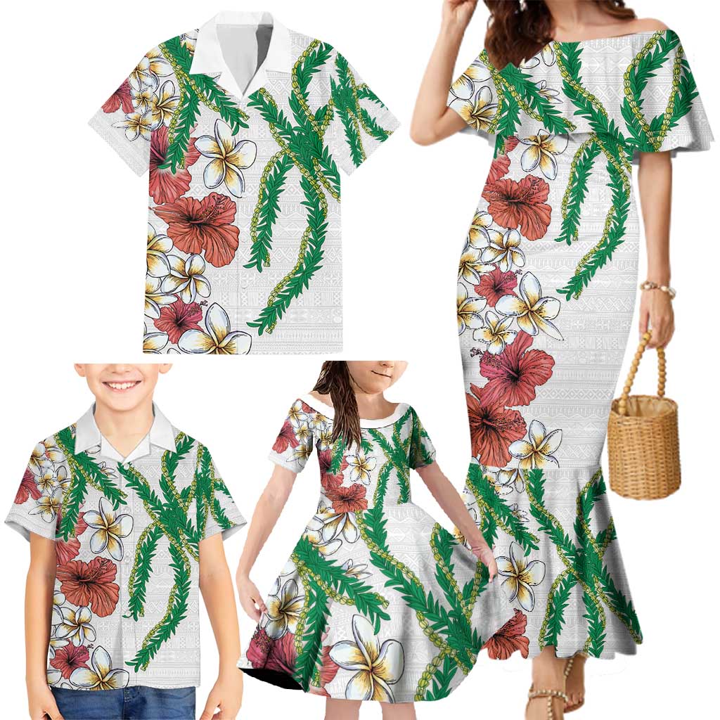 Hawaiian Tropical Flowers and Maile Pikake Family Matching Mermaid Dress and Hawaiian Shirt Polynesian Tribal Pattern White Color LT03 - Polynesian Pride