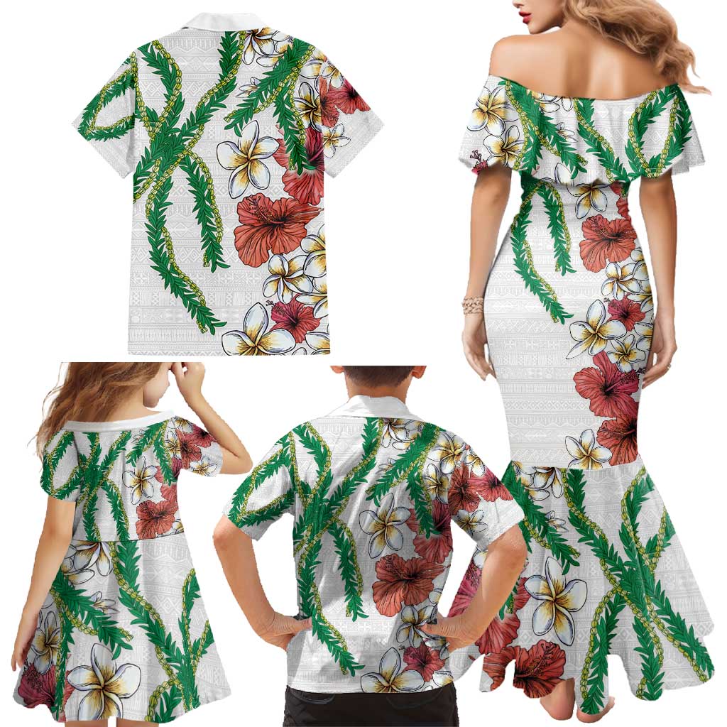 Hawaiian Tropical Flowers and Maile Pikake Family Matching Mermaid Dress and Hawaiian Shirt Polynesian Tribal Pattern White Color LT03 - Polynesian Pride