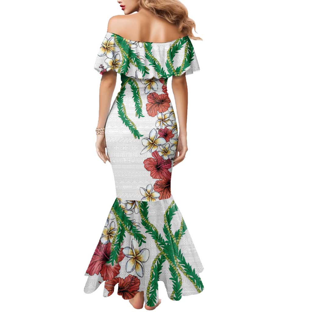 Hawaiian Tropical Flowers and Maile Pikake Family Matching Mermaid Dress and Hawaiian Shirt Polynesian Tribal Pattern White Color LT03 - Polynesian Pride