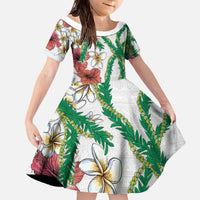 Hawaiian Tropical Flowers and Maile Pikake Family Matching Off The Shoulder Long Sleeve Dress and Hawaiian Shirt Polynesian Tribal Pattern White Color LT03 Daughter's Dress White - Polynesian Pride