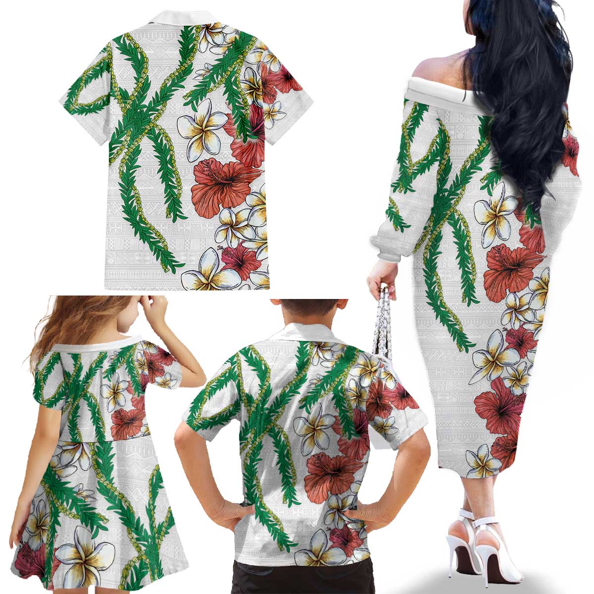 Hawaiian Tropical Flowers and Maile Pikake Family Matching Off The Shoulder Long Sleeve Dress and Hawaiian Shirt Polynesian Tribal Pattern White Color LT03 - Polynesian Pride
