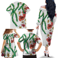 Hawaiian Tropical Flowers and Maile Pikake Family Matching Off The Shoulder Long Sleeve Dress and Hawaiian Shirt Polynesian Tribal Pattern White Color LT03 - Polynesian Pride