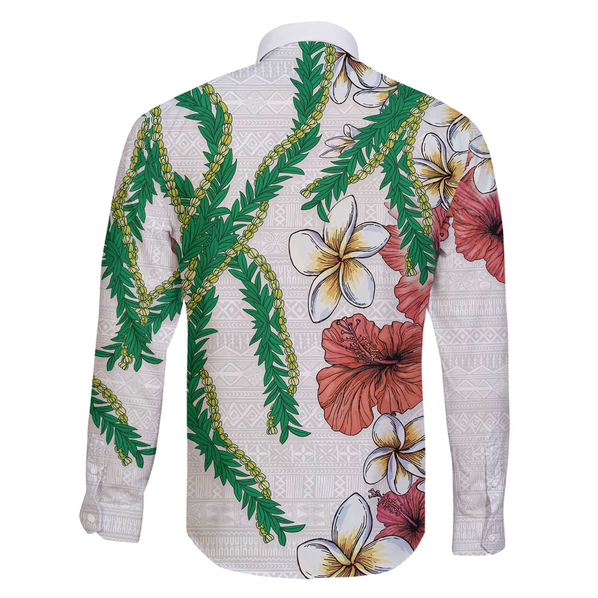 Hawaiian Tropical Flowers and Maile Pikake Family Matching Off The Shoulder Long Sleeve Dress and Hawaiian Shirt Polynesian Tribal Pattern White Color LT03 - Polynesian Pride