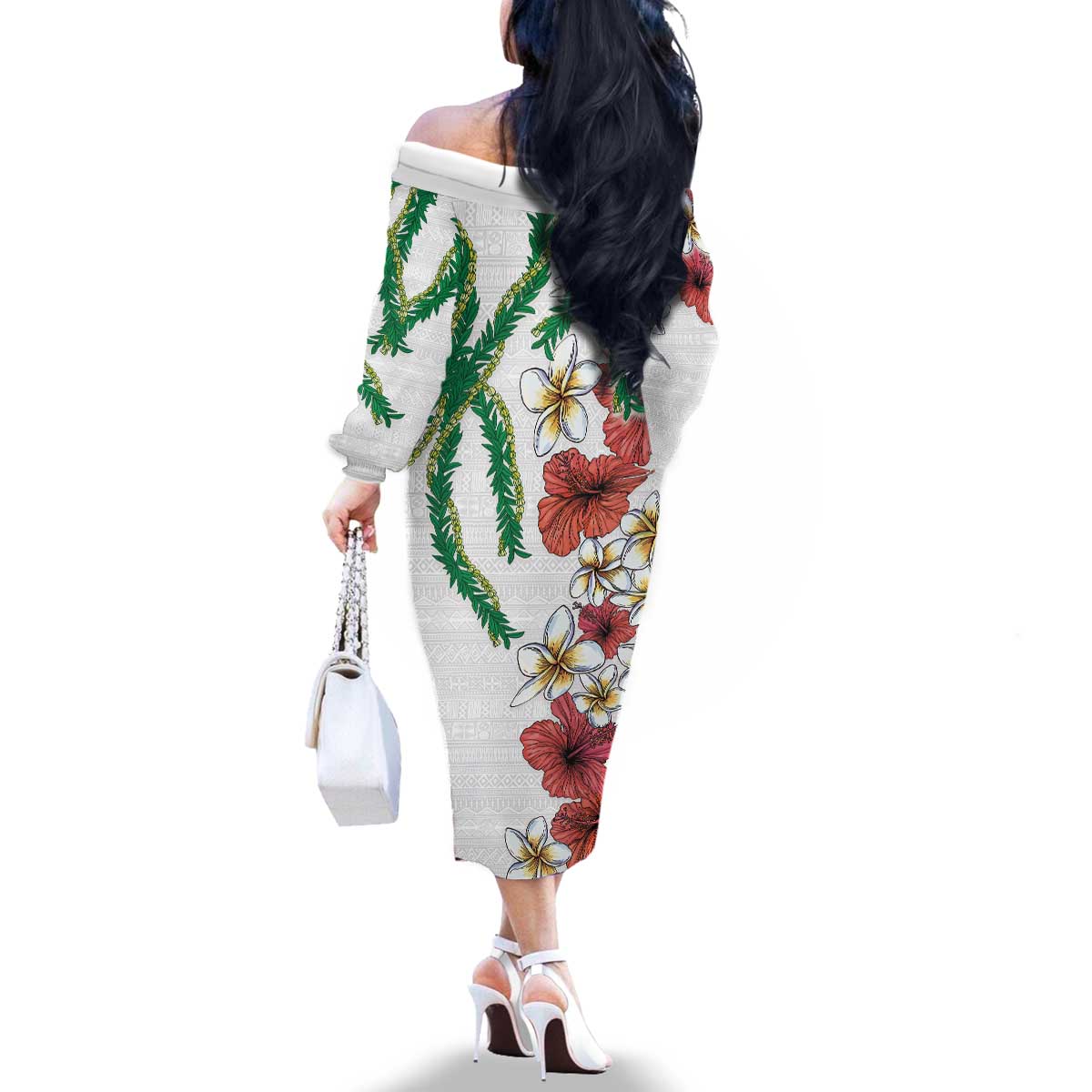 Hawaiian Tropical Flowers and Maile Pikake Family Matching Off The Shoulder Long Sleeve Dress and Hawaiian Shirt Polynesian Tribal Pattern White Color LT03 - Polynesian Pride