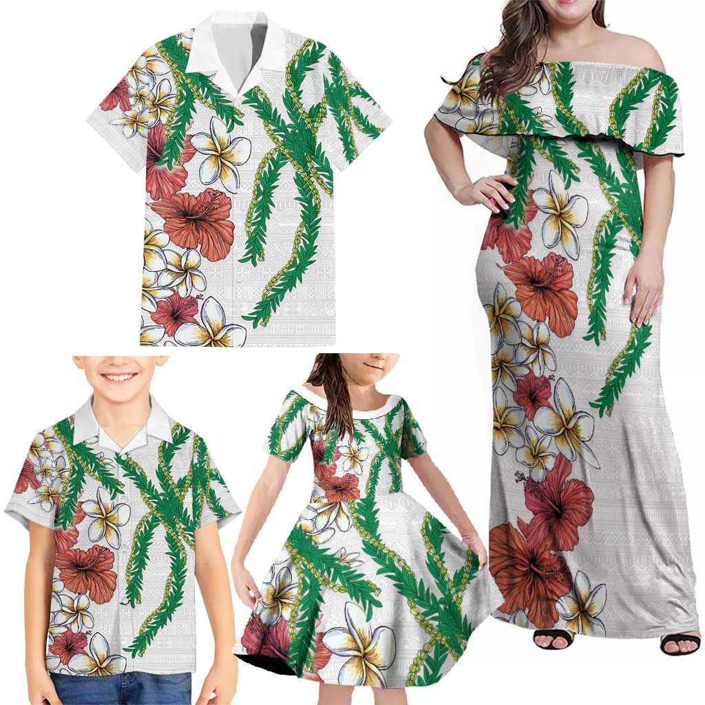 Hawaiian Tropical Flowers and Maile Pikake Family Matching Off Shoulder Maxi Dress and Hawaiian Shirt Polynesian Tribal Pattern White Color LT03 - Polynesian Pride