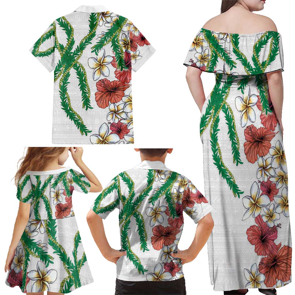 Hawaiian Tropical Flowers and Maile Pikake Family Matching Off Shoulder Maxi Dress and Hawaiian Shirt Polynesian Tribal Pattern White Color LT03 - Polynesian Pride