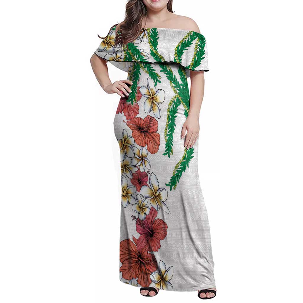 Hawaiian Tropical Flowers and Maile Pikake Family Matching Off Shoulder Maxi Dress and Hawaiian Shirt Polynesian Tribal Pattern White Color LT03 Mom's Dress White - Polynesian Pride