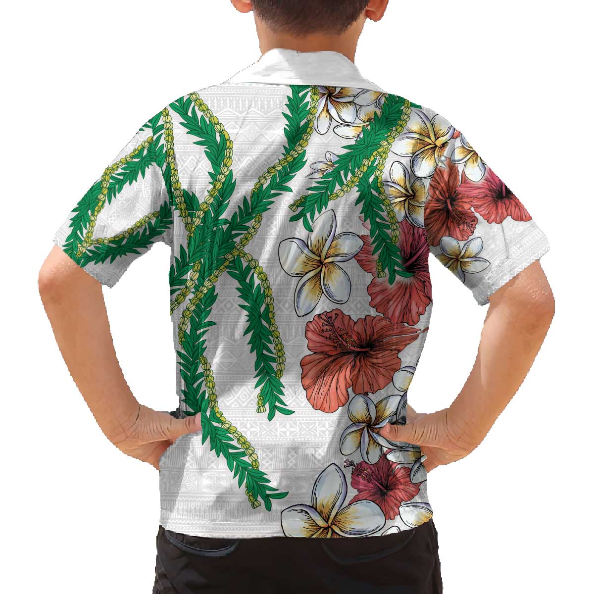 Hawaiian Tropical Flowers and Maile Pikake Family Matching Off Shoulder Short Dress and Hawaiian Shirt Polynesian Tribal Pattern White Color LT03 - Polynesian Pride