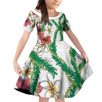 Hawaiian Tropical Flowers and Maile Pikake Family Matching Off Shoulder Short Dress and Hawaiian Shirt Polynesian Tribal Pattern White Color LT03 Daughter's Dress White - Polynesian Pride