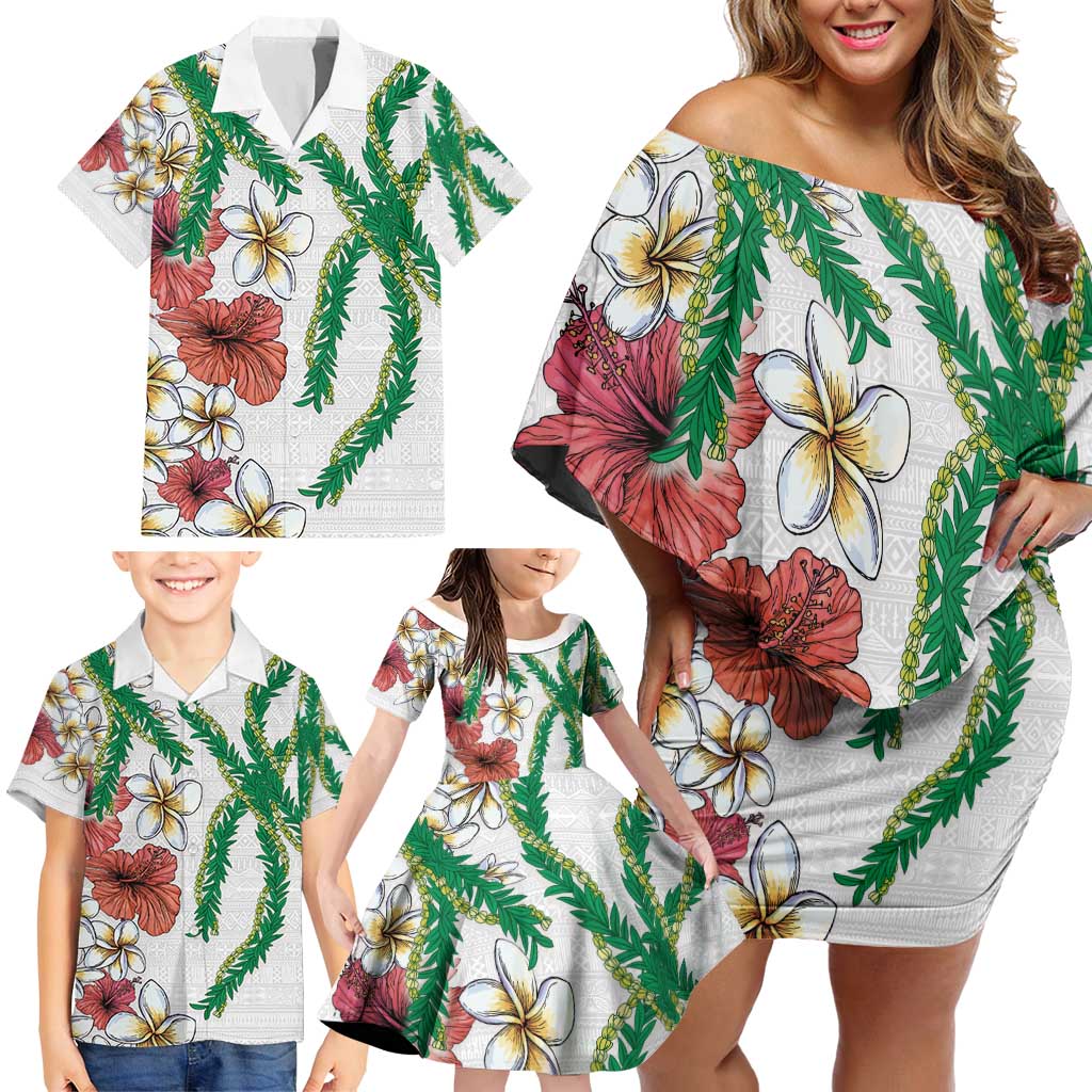 Hawaiian Tropical Flowers and Maile Pikake Family Matching Off Shoulder Short Dress and Hawaiian Shirt Polynesian Tribal Pattern White Color LT03 - Polynesian Pride