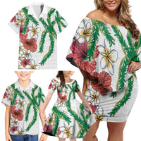 Hawaiian Tropical Flowers and Maile Pikake Family Matching Off Shoulder Short Dress and Hawaiian Shirt Polynesian Tribal Pattern White Color LT03 - Polynesian Pride