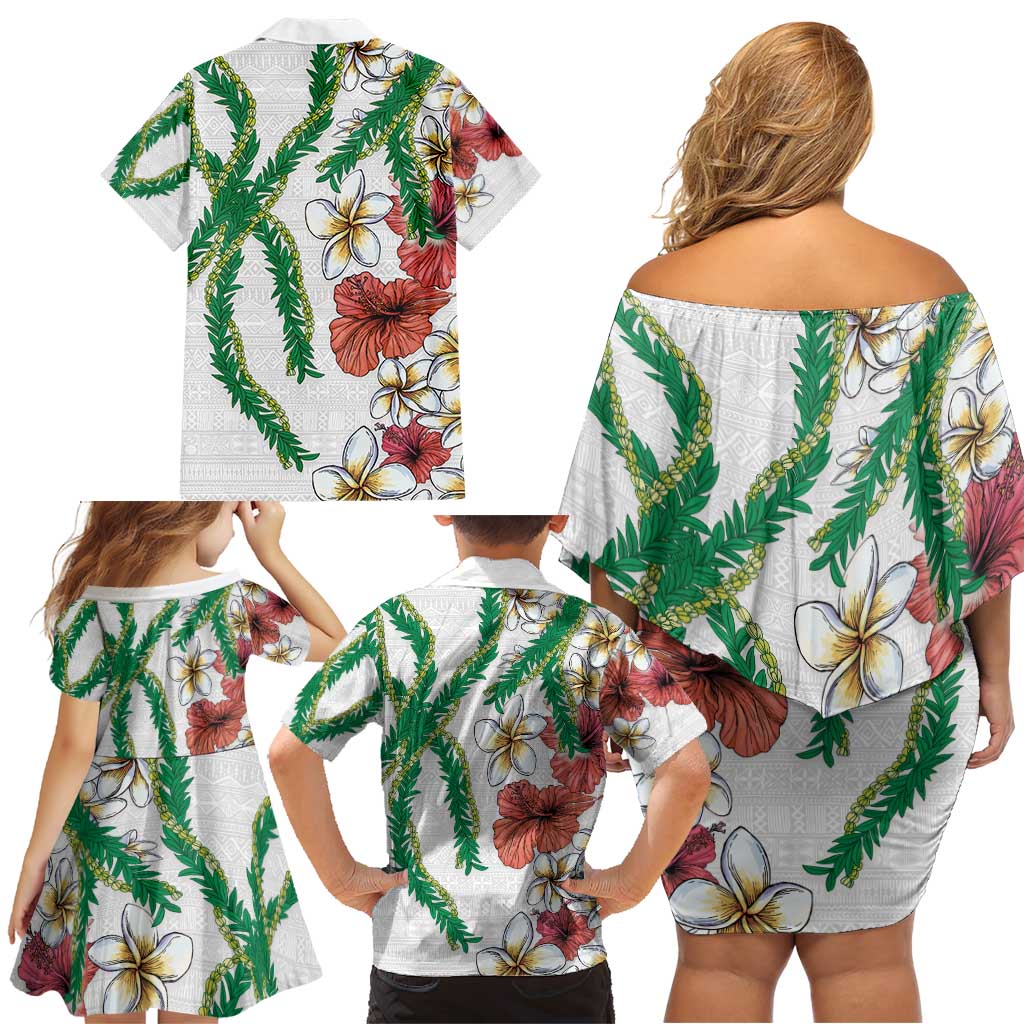 Hawaiian Tropical Flowers and Maile Pikake Family Matching Off Shoulder Short Dress and Hawaiian Shirt Polynesian Tribal Pattern White Color LT03 - Polynesian Pride