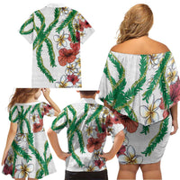 Hawaiian Tropical Flowers and Maile Pikake Family Matching Off Shoulder Short Dress and Hawaiian Shirt Polynesian Tribal Pattern White Color LT03 - Polynesian Pride