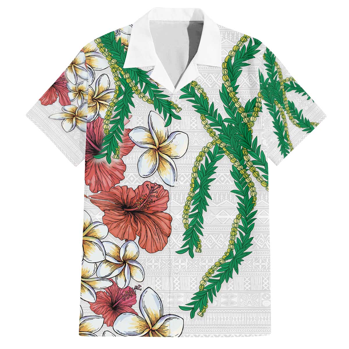 Hawaiian Tropical Flowers and Maile Pikake Family Matching Off Shoulder Short Dress and Hawaiian Shirt Polynesian Tribal Pattern White Color LT03 Dad's Shirt - Short Sleeve White - Polynesian Pride
