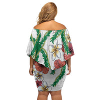 Hawaiian Tropical Flowers and Maile Pikake Family Matching Off Shoulder Short Dress and Hawaiian Shirt Polynesian Tribal Pattern White Color LT03 - Polynesian Pride
