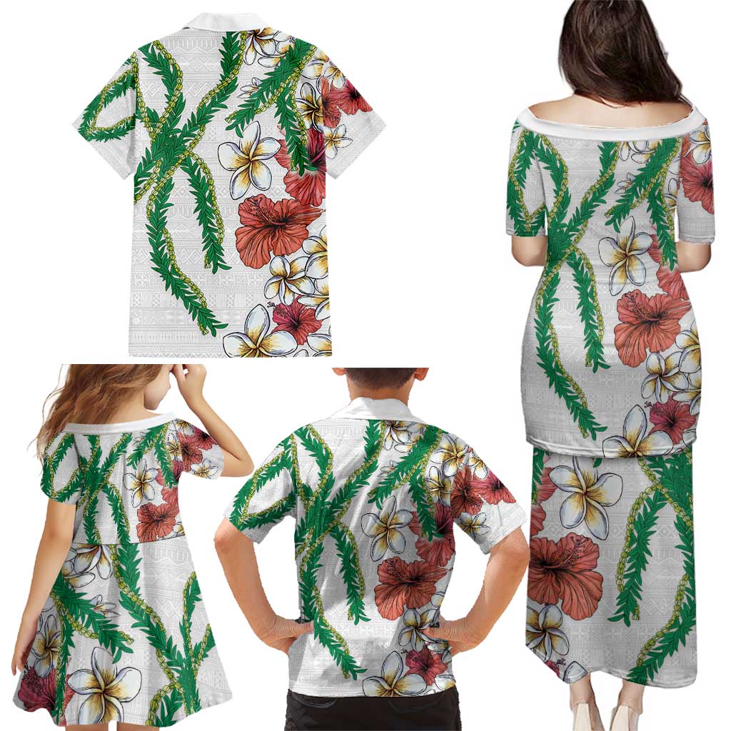 Hawaiian Tropical Flowers and Maile Pikake Family Matching Puletasi and Hawaiian Shirt Polynesian Tribal Pattern White Color LT03 - Polynesian Pride