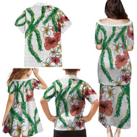 Hawaiian Tropical Flowers and Maile Pikake Family Matching Puletasi and Hawaiian Shirt Polynesian Tribal Pattern White Color LT03 - Polynesian Pride
